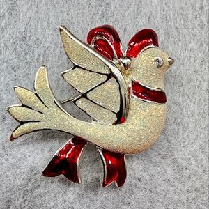 Vintage SFJ  Flying Dove Mistletoe Ribbon Christmas Holiday Brooch